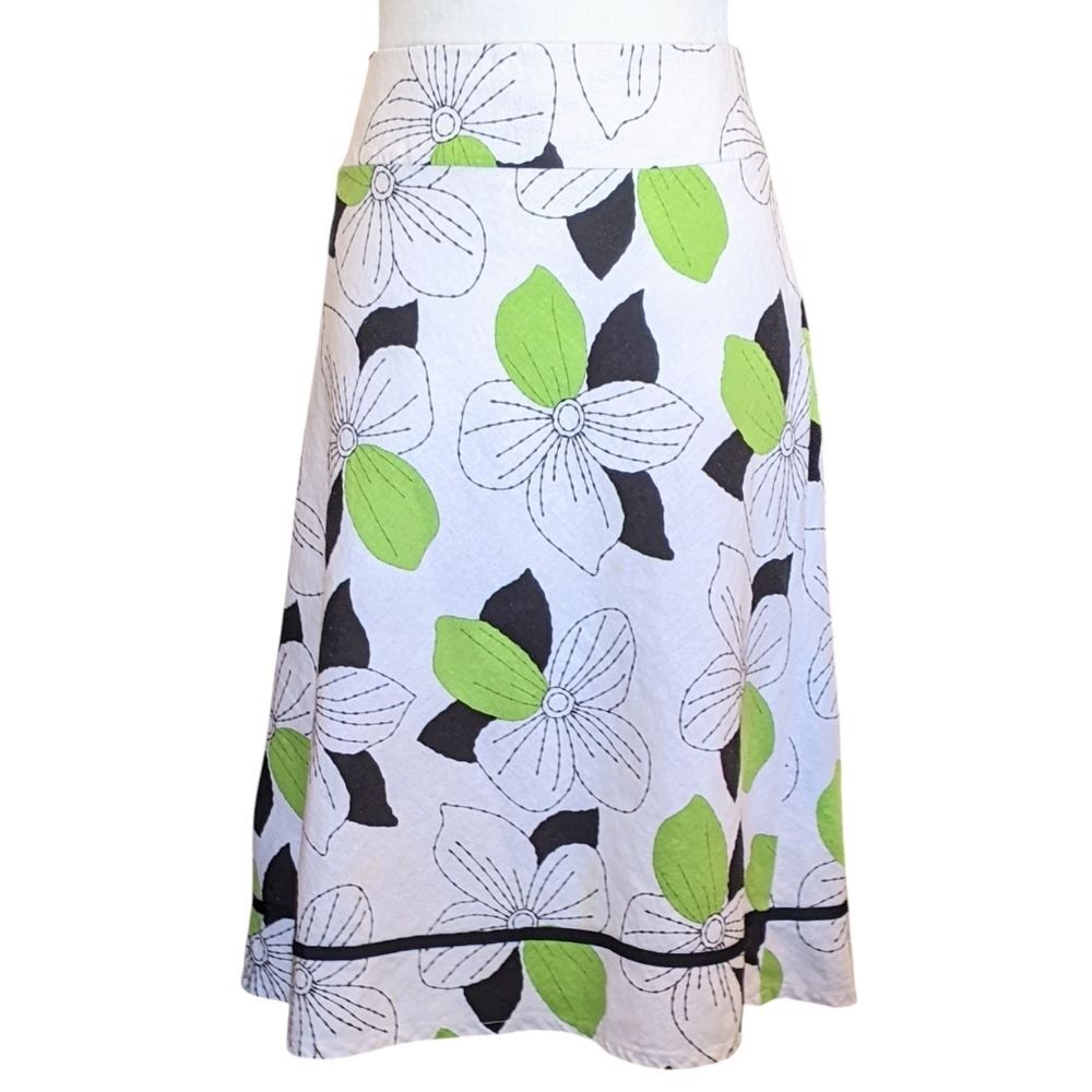 CATO Linen Skirt White Green Black Fit Flare Flower 12